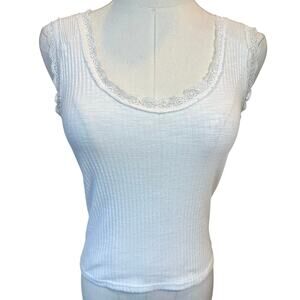 VTG Miss Me Y2K Rib Knit Tank Top Cami Baby Tee White Lace Trim Fairy SZ Small